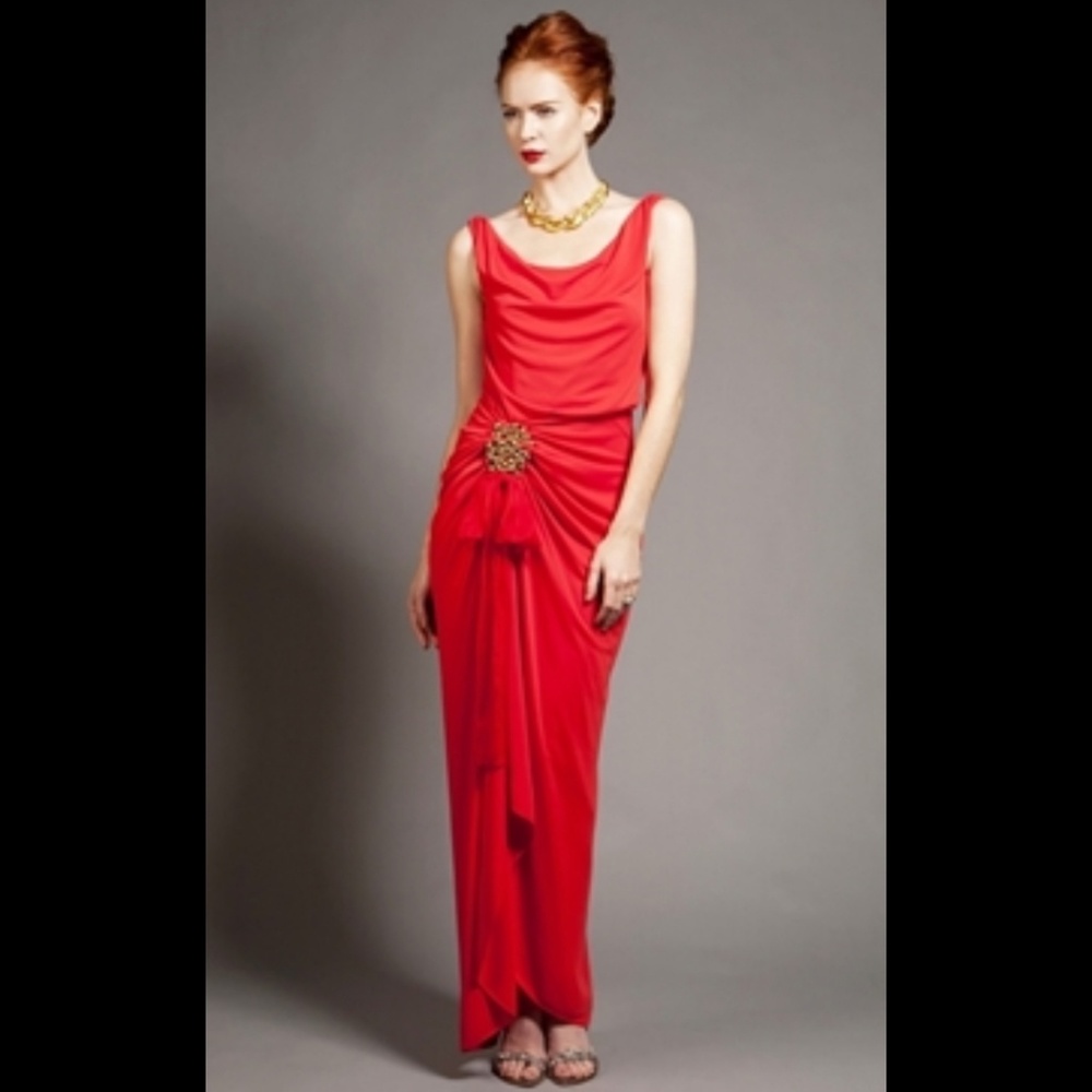 Mikael Aghal Beaded Draped Gown - Orange Red